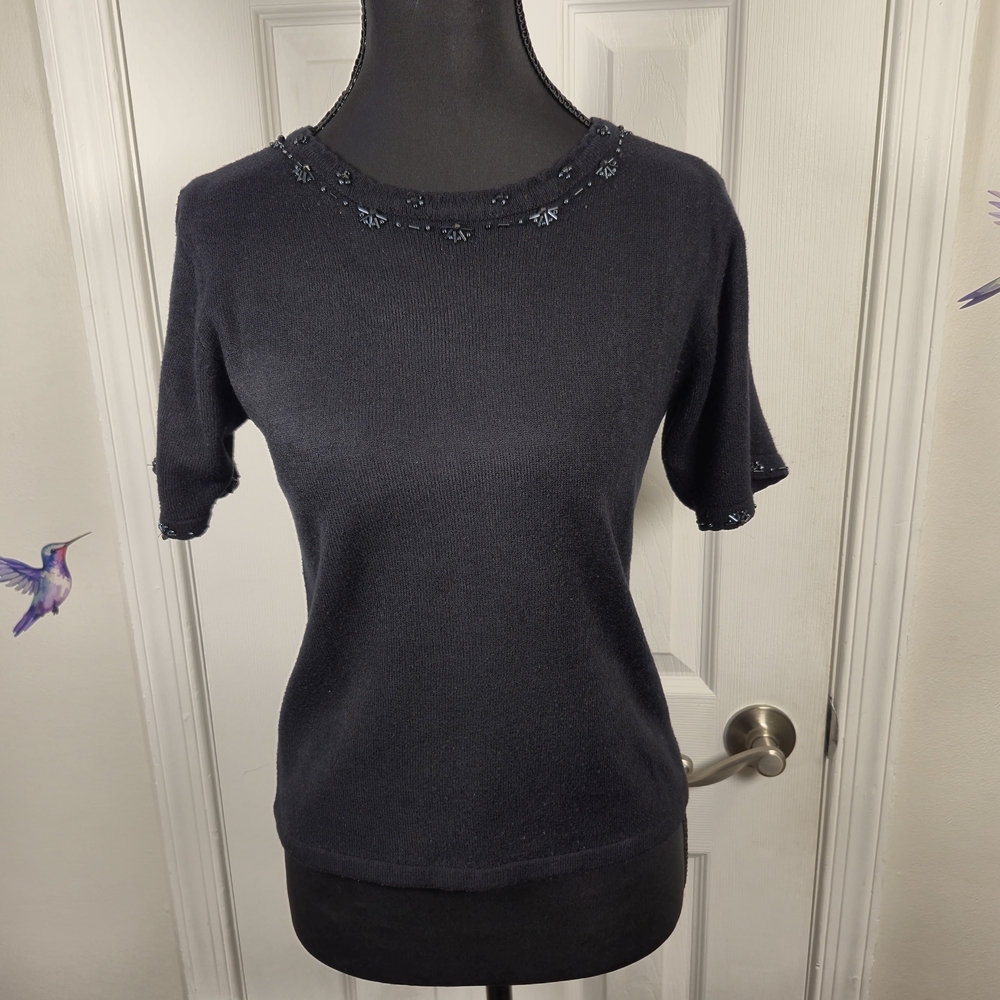 Kathie Lee Collection Black Beaded Short Sleeve Knit Sweater Top S Y2K Vintage